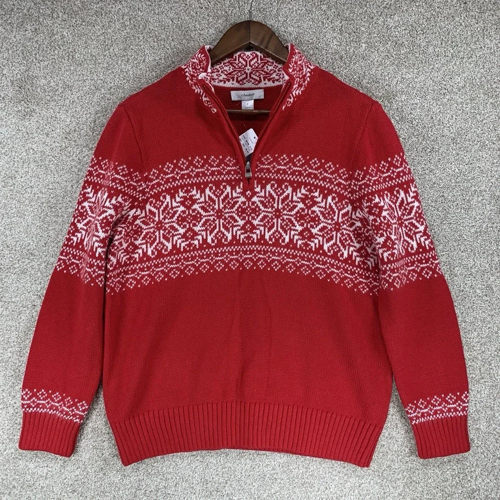 New CJ Banks 14W X Christmas 1/4 Zip Pullover Sweater Fair Aisle Snowflakes Red